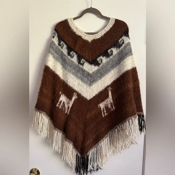 Vintage Handmade Alpaca/Wool Poncho – Brown, Cream & Gray with Fringe - Picture 2 of 3